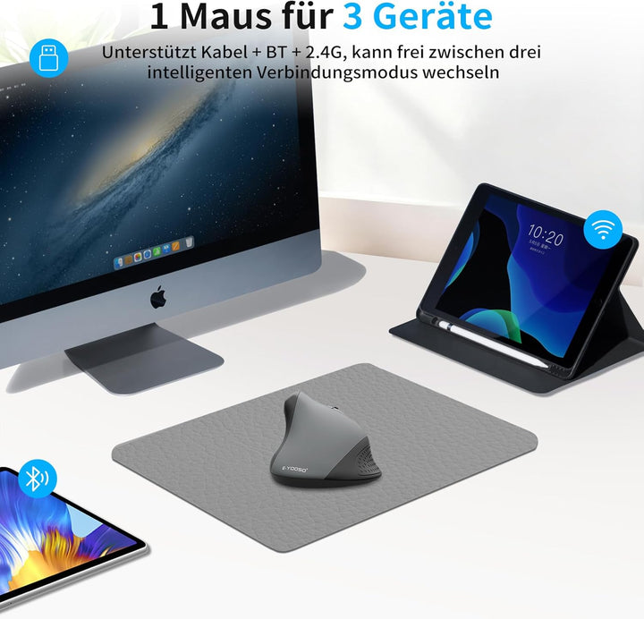 E-Yooso Ergonomische Kabellose Vertical Maus, mit 6 Tasten,Wiederaufladbarer Akku,5 einstellbaren DP