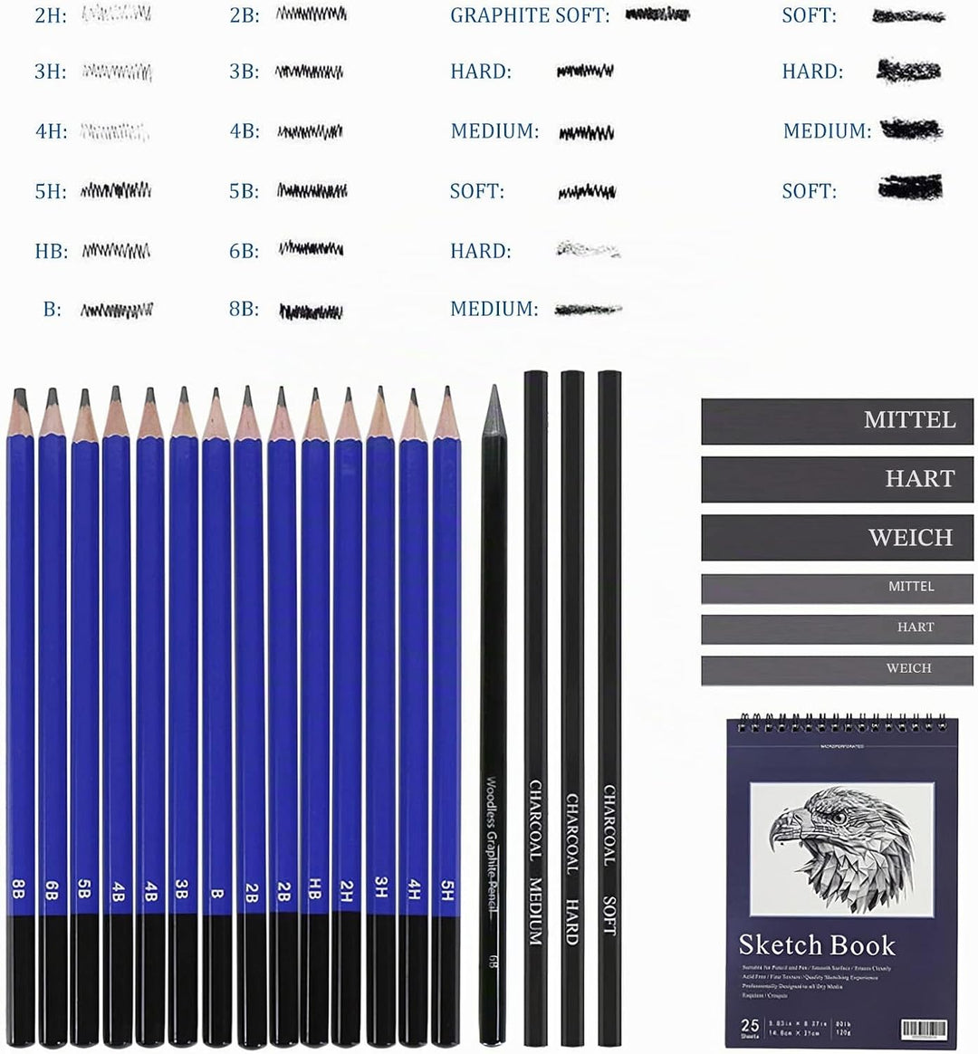 Skizzen Zeichen Bleistift Set 35 Stück Professionelles Zeichenzubehör mit Reissverschluss Tragetasch