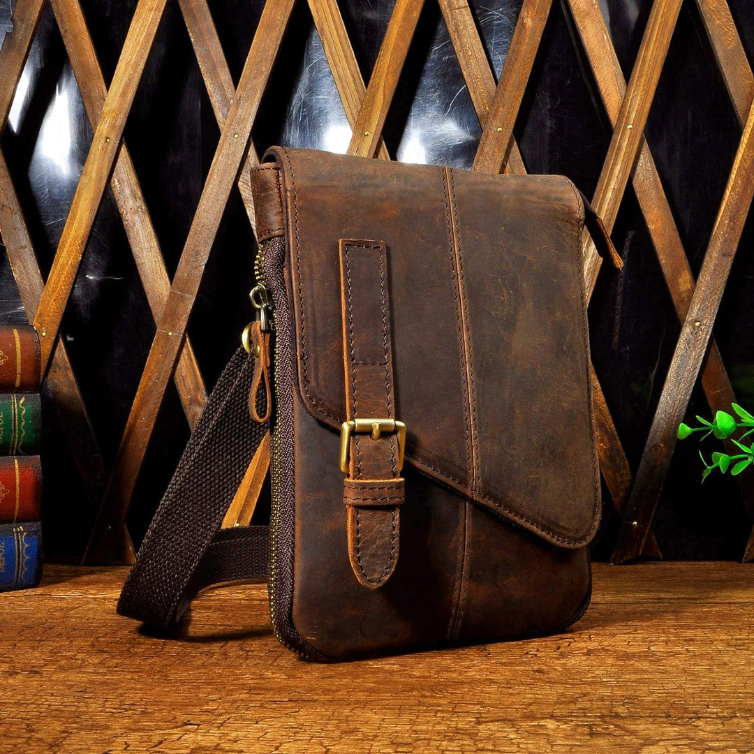 Le'aokuu Herren Verrückt Pferd Leder Tasche Freizeit Universität Schultasche Reisetasche Schultertas