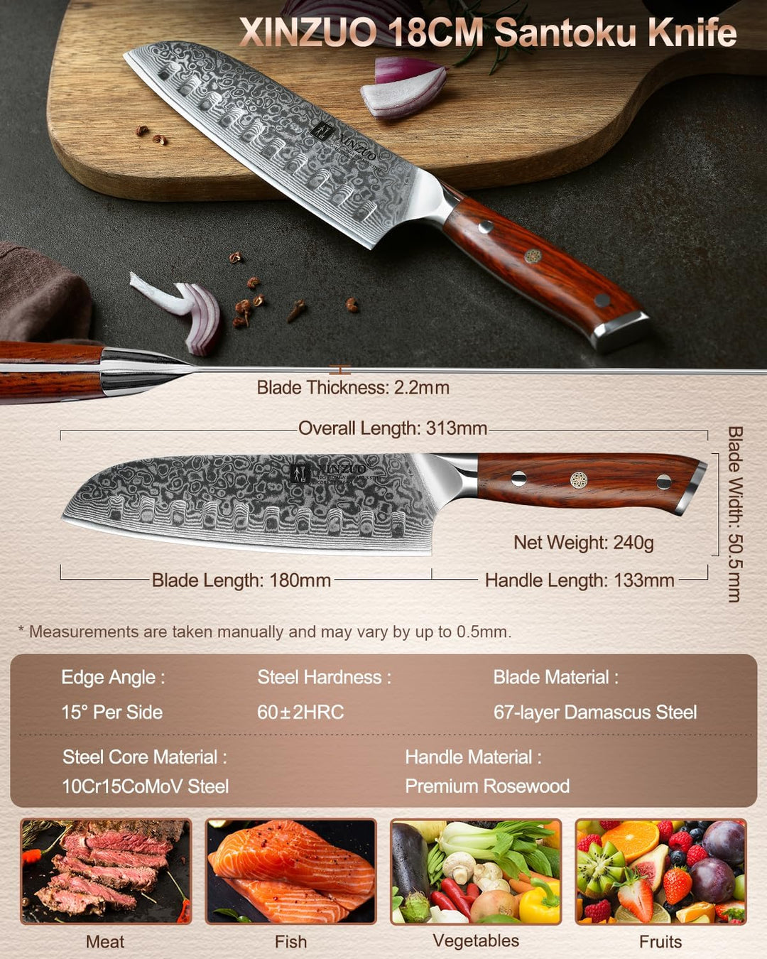 XINZUO 18cm Damaststahl Santokumesser, Damastmesser Chefmesser Profi geschmiedet Kochmesser, Scharfe