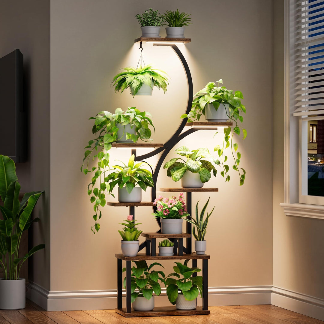 BACEKOLL Pflanzenständer mit Wachstumslicht - 8 Ebenen Blumenständer 157cm Metall Holz Pflanzenregal