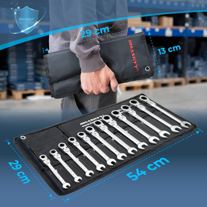 Haskyy 12-Tlg Gelenk-Ratschenschlüssel Satz I Set 8-19 mm I Gabelschlüssel Ratsche