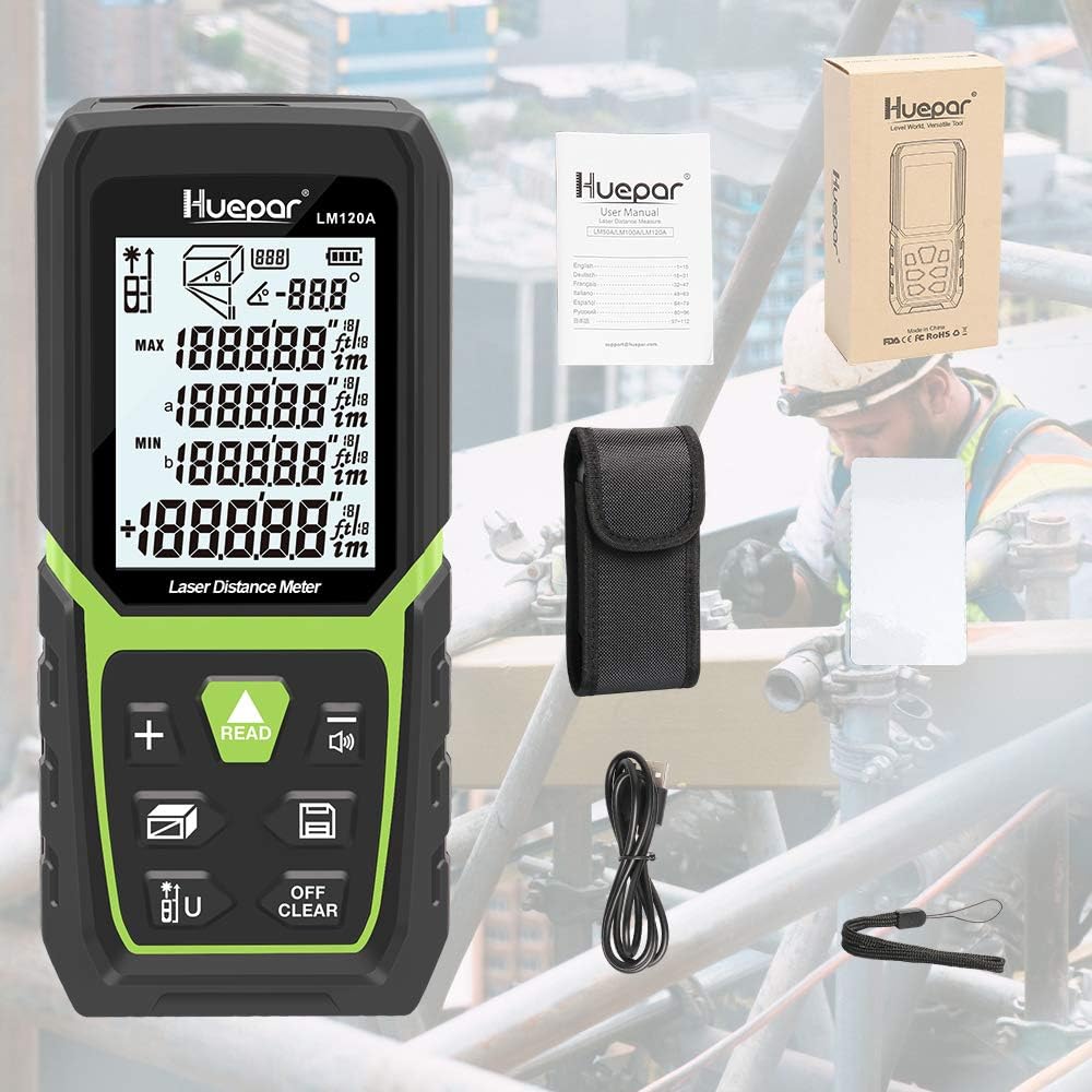Huepar Laser Entfernungsmesser 120M mit Li-Ion-Akku, mit LCD Hintergrundbeleuchtung M/In/Ft mit Mehr