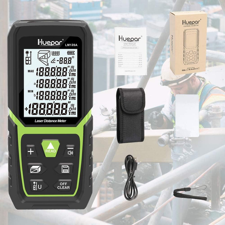 Huepar Laser Entfernungsmesser 120M mit Li-Ion-Akku, mit LCD Hintergrundbeleuchtung M/In/Ft mit Mehr