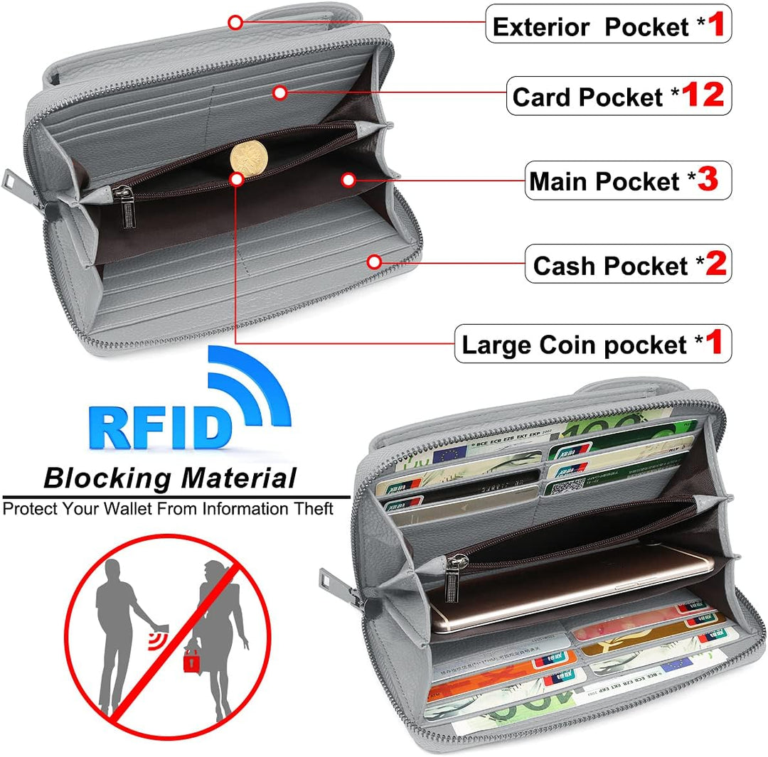 REETEE Handytasche zum Umhängen RFID Schutz Geldbeutel Damen Handy Umhängetasche Leder Viele Fächer