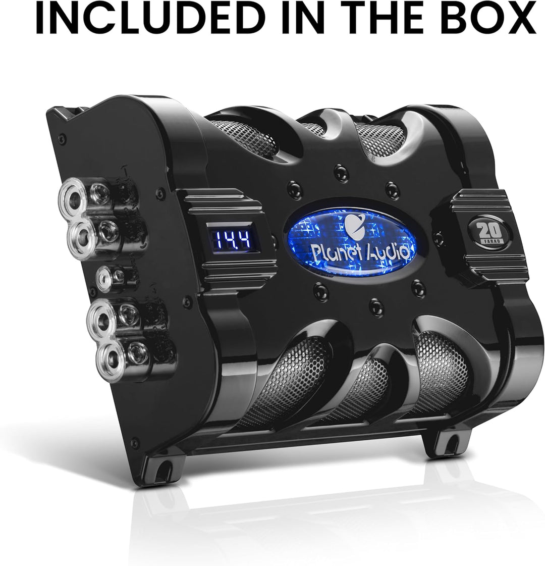 Planet Audio PC20F Auto-Kondensator – 20 Farad, Energiespeicher, Bassverstärkung von Stereo, Warntön