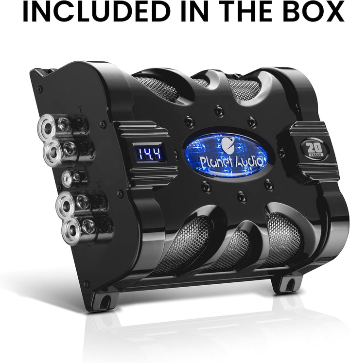 Planet Audio PC20F Auto-Kondensator – 20 Farad, Energiespeicher, Bassverstärkung von Stereo, Warntön