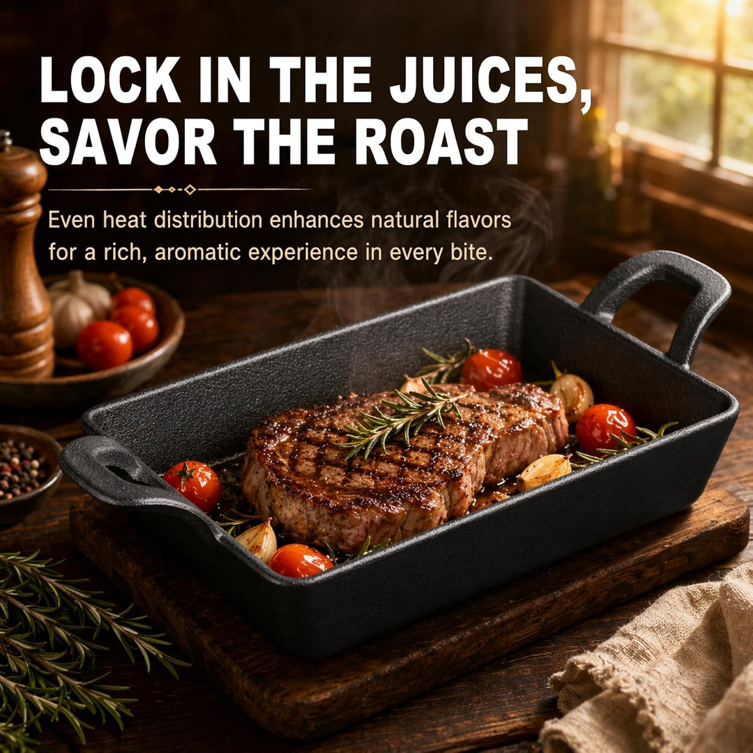 RANJIMA Grillpfanne Gusseisen, 24x17 cm Grillplatte mit Zwei Griffen, Cast Iron Pan Gusspfanne Steak