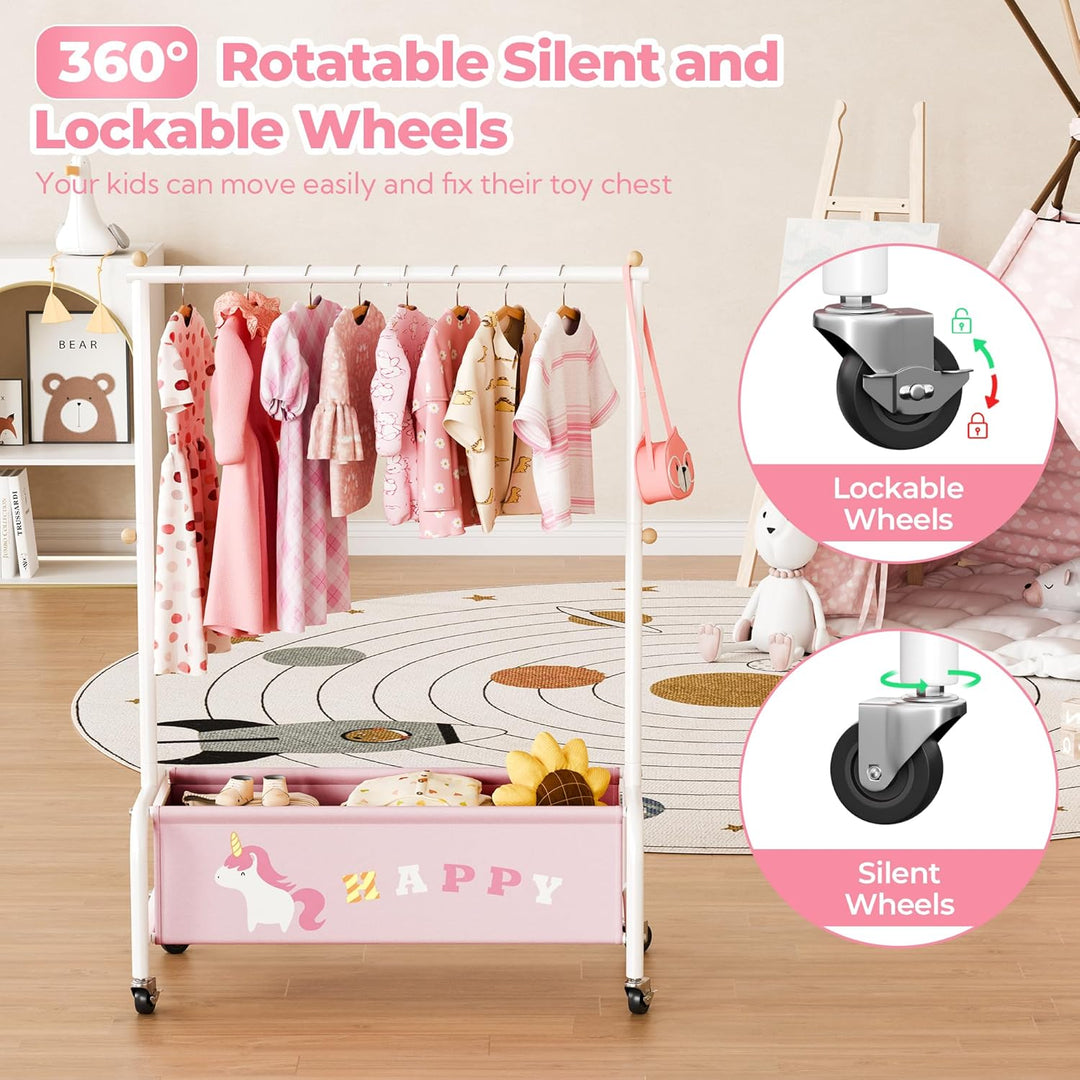 GRANNY SAYS Kleiderständer Kinder mit Aufbewahrungskiste, Kinder Kleiderstange auf Rollen, rosa Kind