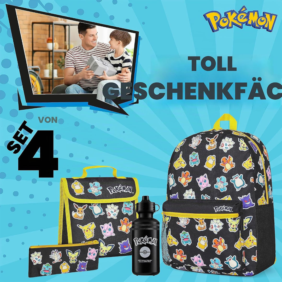 Pokemon Rucksack Kinder 4er Set Schulranzen Lunchbox Federmäppchen Wasserflasche 500ml Kinderrucksac