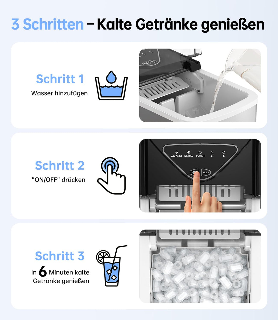 WIE Eiswürfelmaschine, 15KG Eiswürfelbereiter Ice Maker, 9 Würfel in 6 Min, Eiswürfelmaschinen mit T