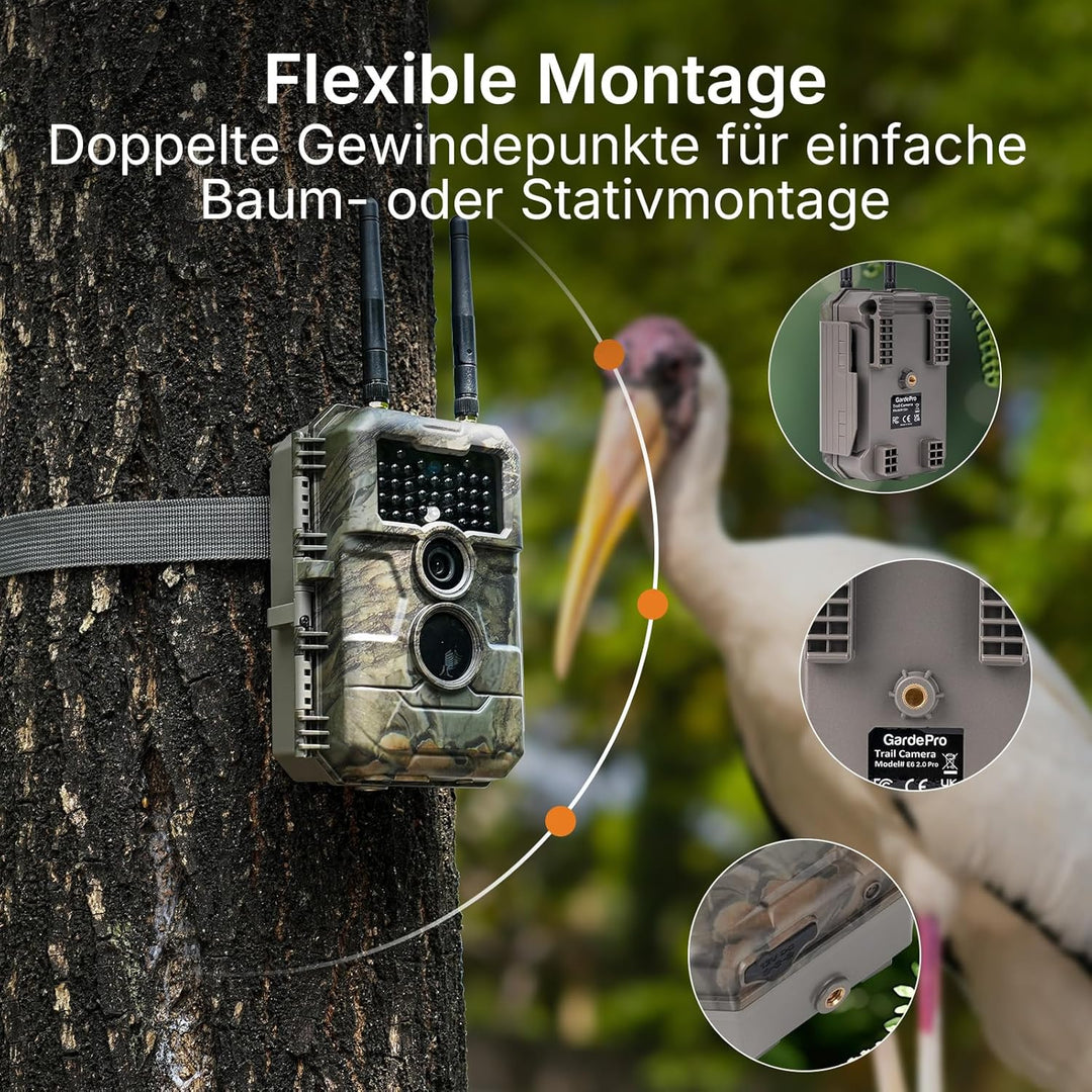 GardePro E6 2.0 Pro Wildkamera WLAN, Wiederaufladbare 8000mAh Akku mit 64GB SD Karte, 64MP 1296P, Wi