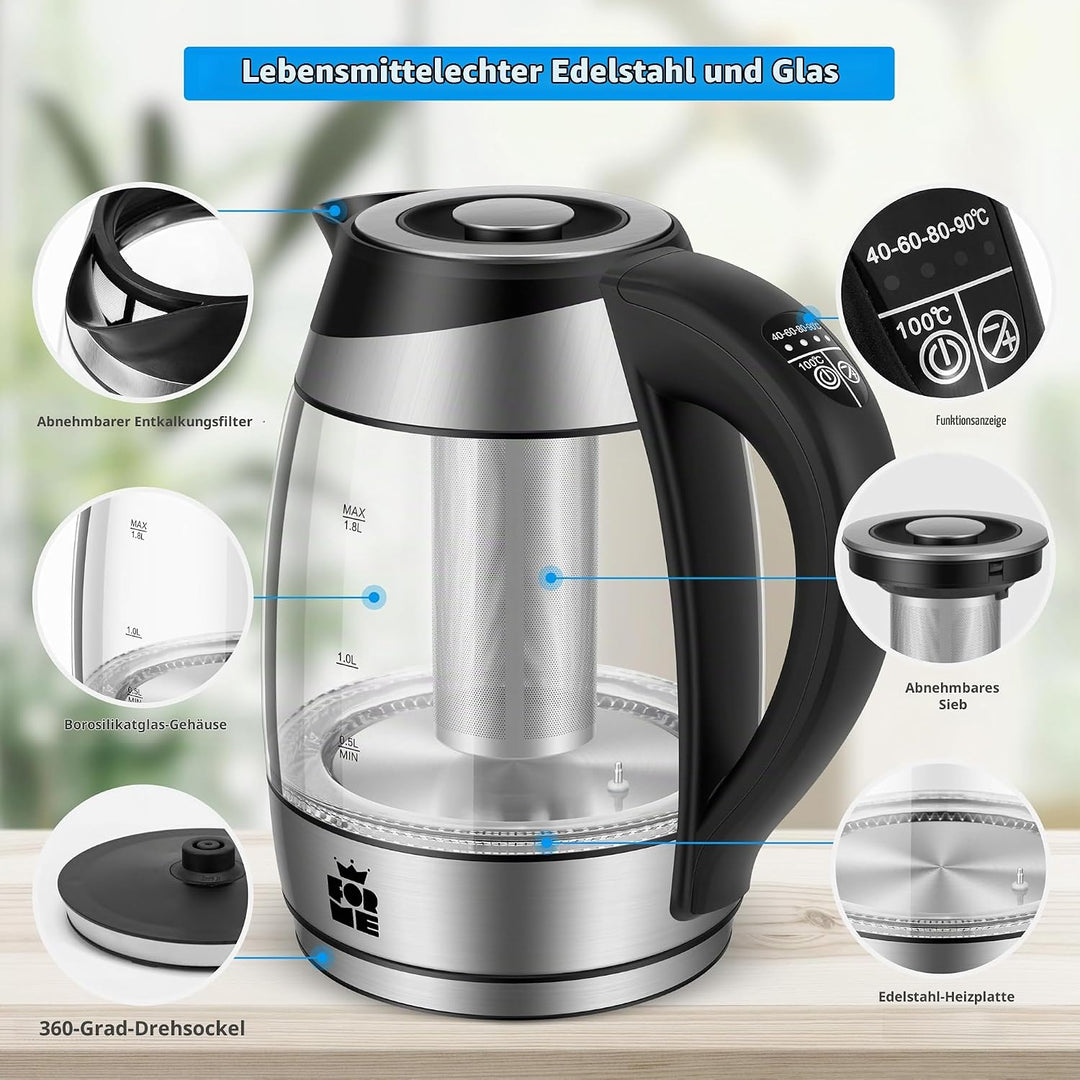 FOR ME Glas Elektrischer Wasserkocher mit Teesieb 1,8L, Temperatureinstellung, Temperaturwahl 40°C b