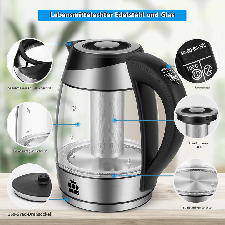 FOR ME Glas Elektrischer Wasserkocher mit Teesieb 1,8L, Temperatureinstellung, Temperaturwahl 40°C b