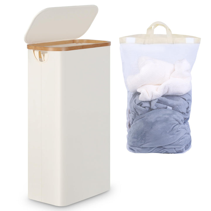 efluky Wäschekorb Schmal 63L, Schlanker Wäschekorb mit Deckel, Beige Faltbare Wäschebehälter mit Bam