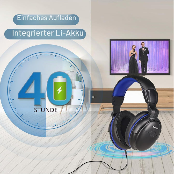SIMOLIO TV Kopfhörer mit langem Kabel, Over Ear Headset für Fernseher mit Tonverstärkung, Tonregler