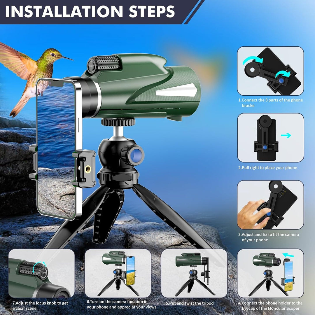 AiMeiteng 12x50 Monokular Teleskop mit Smartphone Halter Stativ, Kompaktes Monokular Hochleistungs T