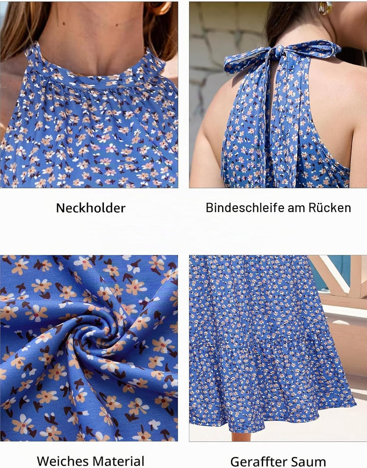 STYLEWORD Damen Neckholder Elegant Sommerkleid Ärmellos Blumenkleid Maxikleid Lange Strandkleid XL B