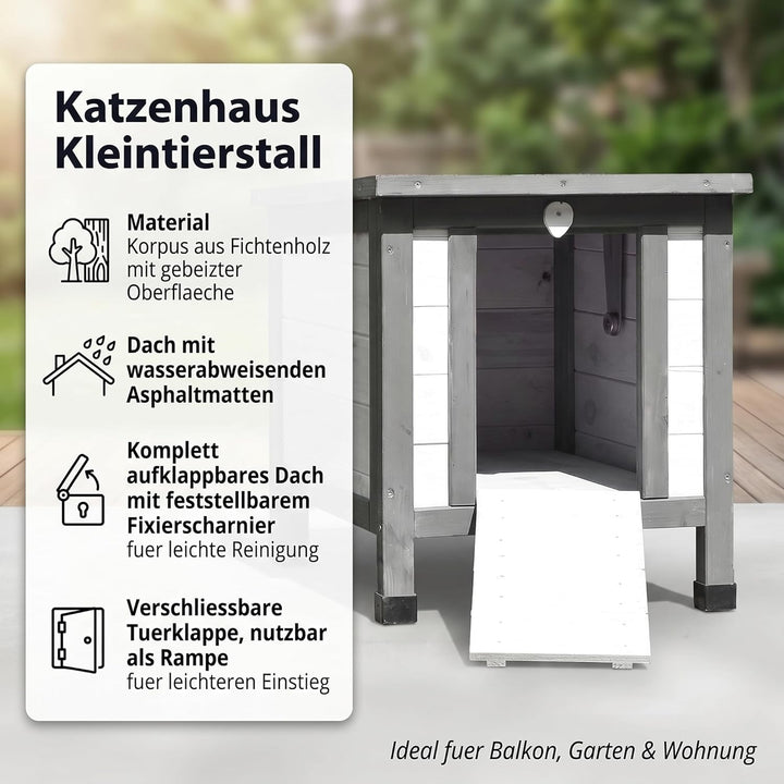 Mucola Katzenhaus Winterfest mit klappbarem Deckel und Rampe 50x45x43cm Katzenhütte Outdoor Wurfkist