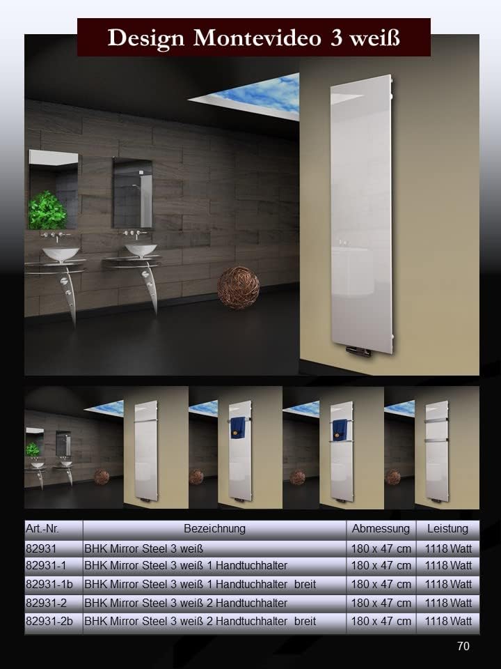 Badheizkörper mit Glas Design Montevideo 3 Glasfront 180x47cm 1118 Watt weiss SZAGATO Handtuchwärmer