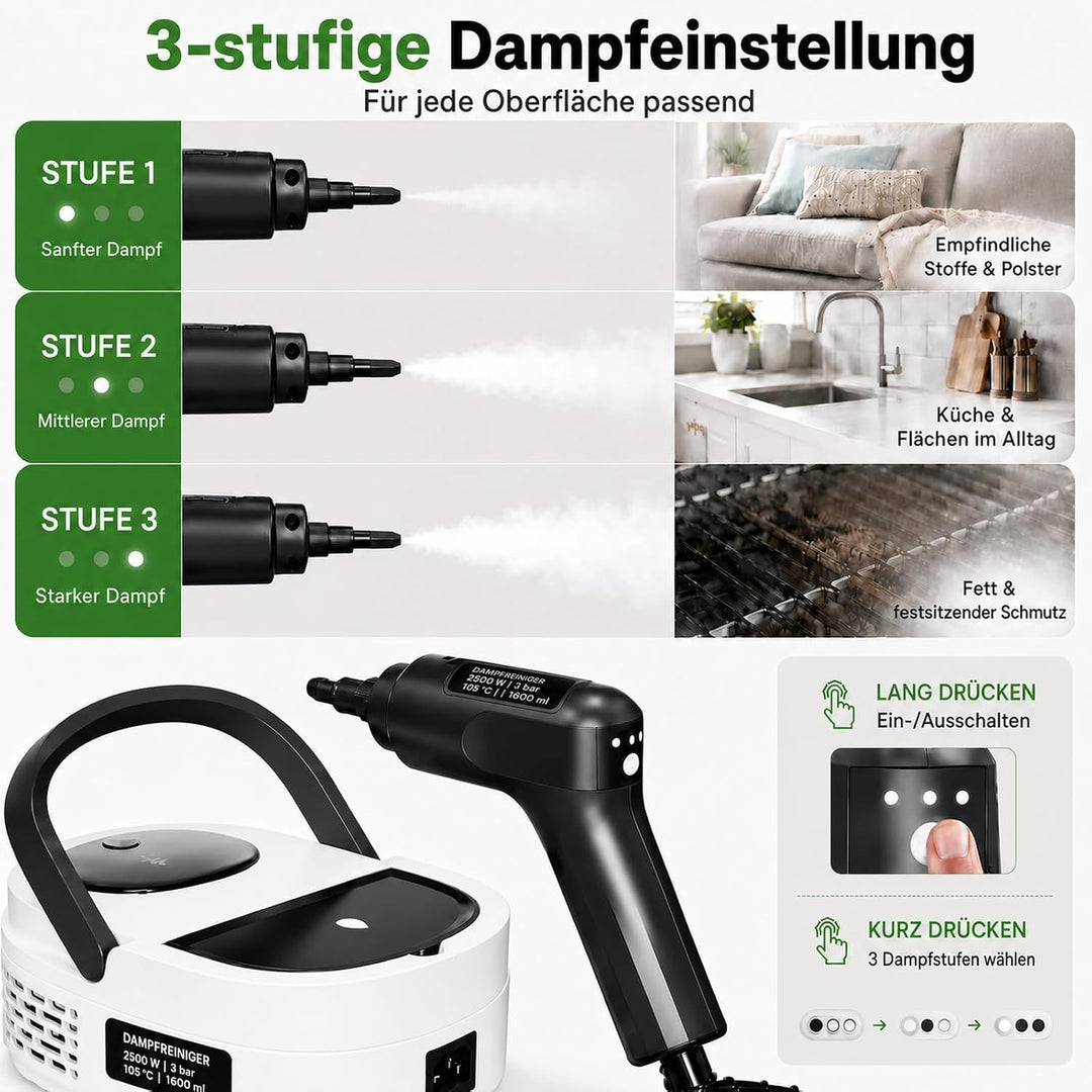 Dampfreiniger Handgerät, 2500W Handdampfreiniger mit 1,6-Liter-Wassertank, 15 Sekunden Aufheizzeit,