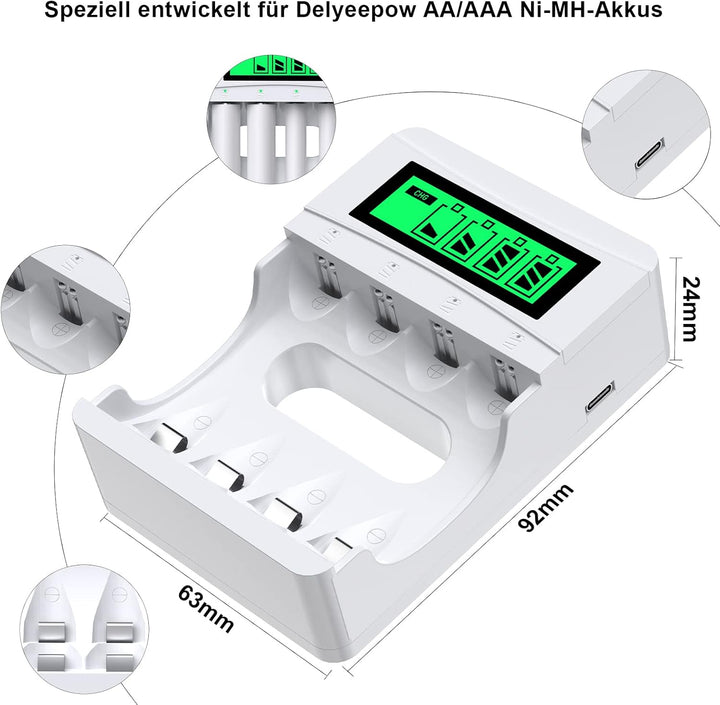Delyeepow Akku Ladegerät, mit 4 Stück AA Akkus+ 4 Stück AAA Akkus Wiederaufladbar, NiMH 1.2V, 4-Lade