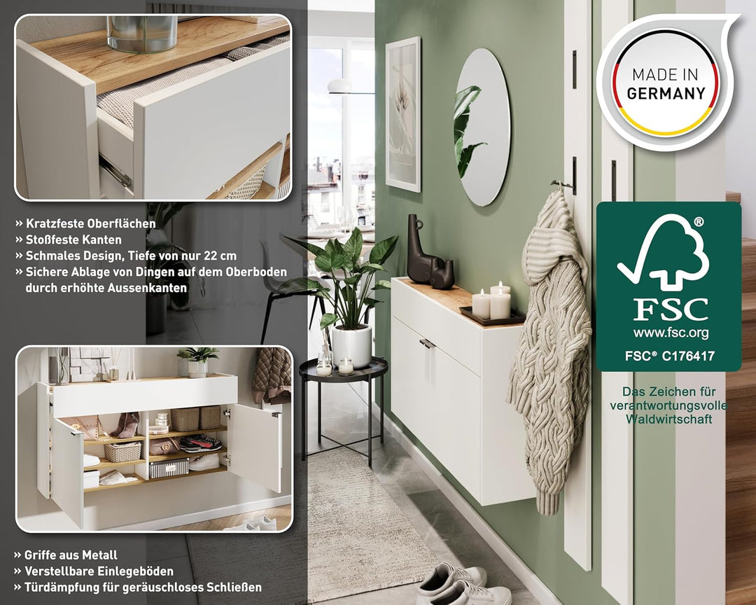 Germania Schuhschrank 4438-633 GW-Ameca, in Weiss/Navarra-Eiche-Nb., FSC-Zertifiziert, 110 x 57 x 22