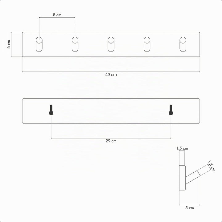 LARHN Garderobenhaken Holz (2 Stück) - Garderobenleiste Holz mit 5 Haken - 43 cm - Kleiderhaken Wand