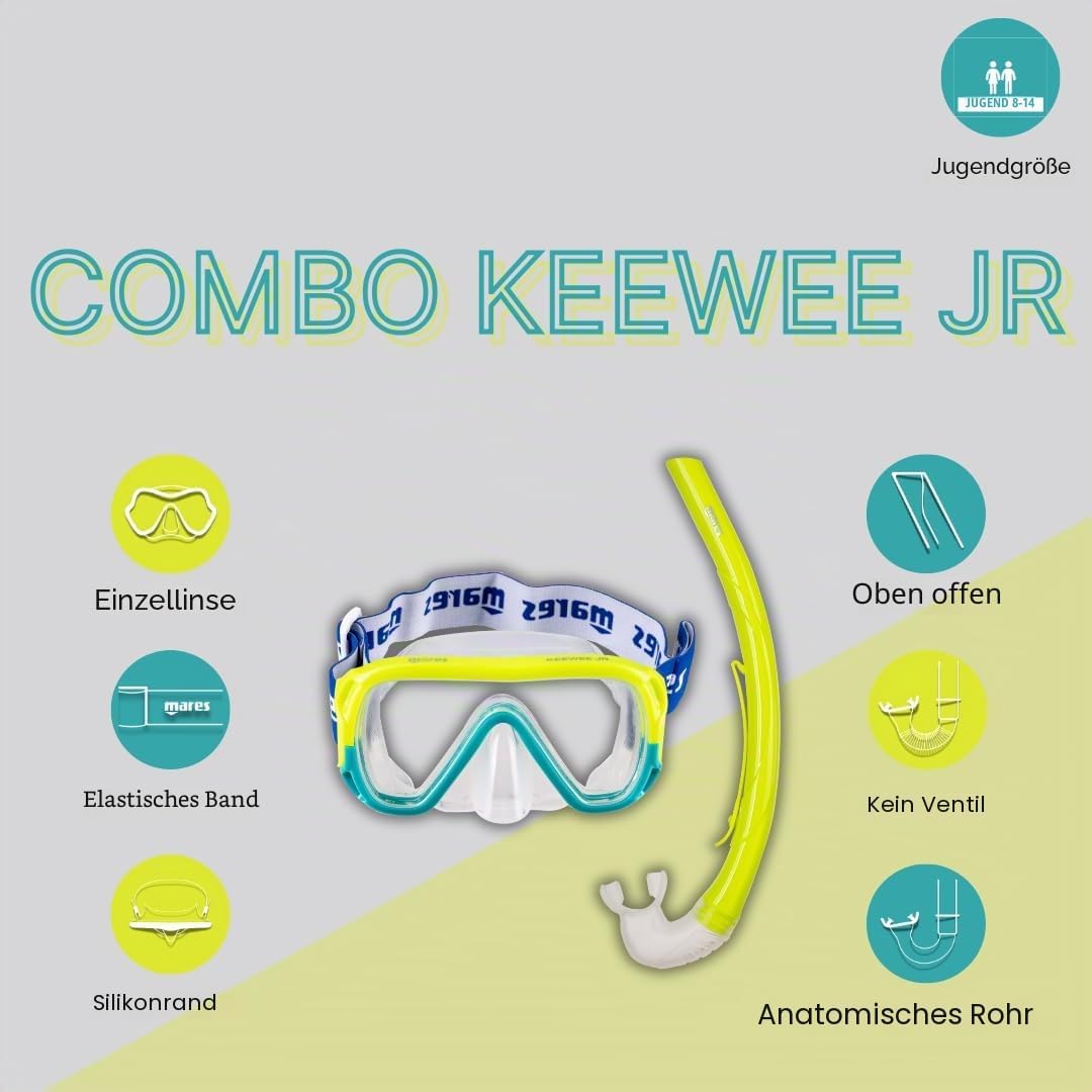 Mares Unisex-Youth Combo Keewee Jr Maske und Schnorchel Unisex Lime/Aqua, Unisex Lime/Aqua