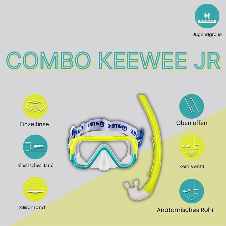 Mares Unisex-Youth Combo Keewee Jr Maske und Schnorchel Unisex Lime/Aqua, Unisex Lime/Aqua
