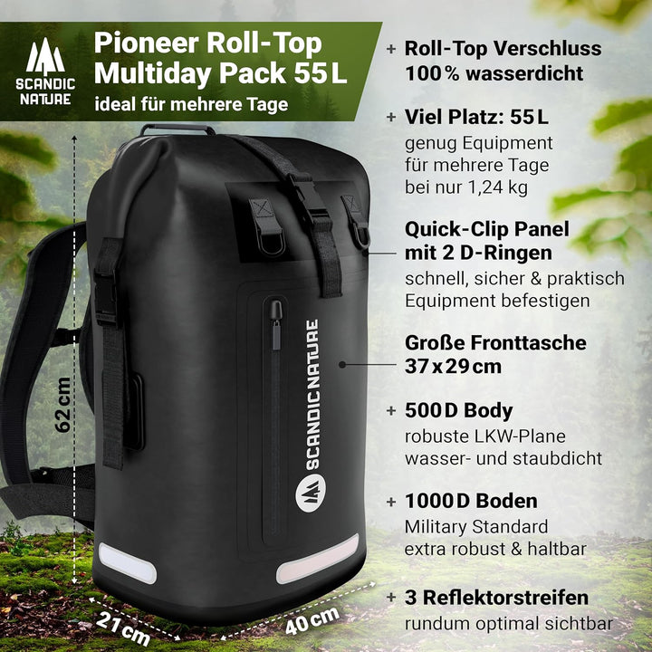 PIONEER wasserdichter Rucksack mit Rolltop Verschluss 35L 55L schwarz gelb oliv-grün - extra robust