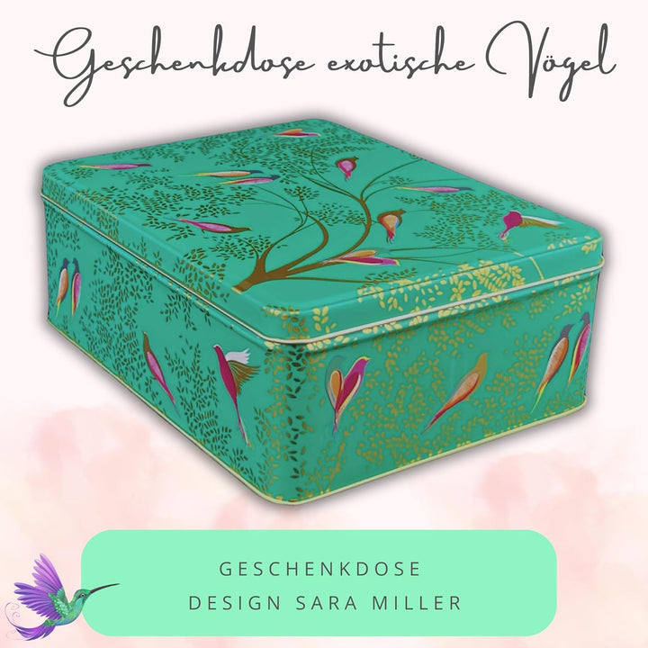 Geschenkdose Design Sara Miller - Liebevoll gestaltete rechteckige Vorratsdose - Motiv exotische Vög