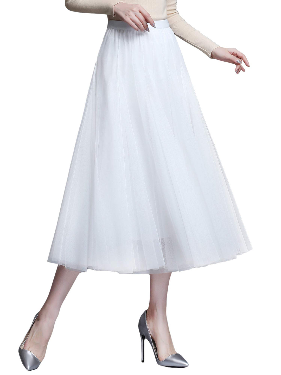 Damen Tüllrock Midi Faltenrock Hoher Bund Schick Rock Elastisch Taille Drapiert Stoff 36-40 Weiss, 3