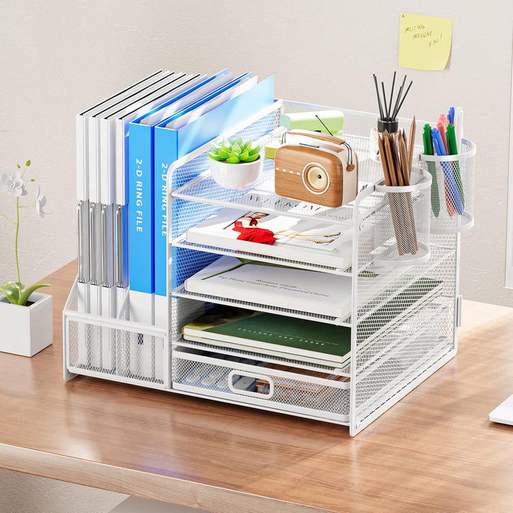 Marbrasse Schreibtisch Organizer mit Aktenhalter, 5 Ebenen Papier Briefablage mit Schublade und 2 St