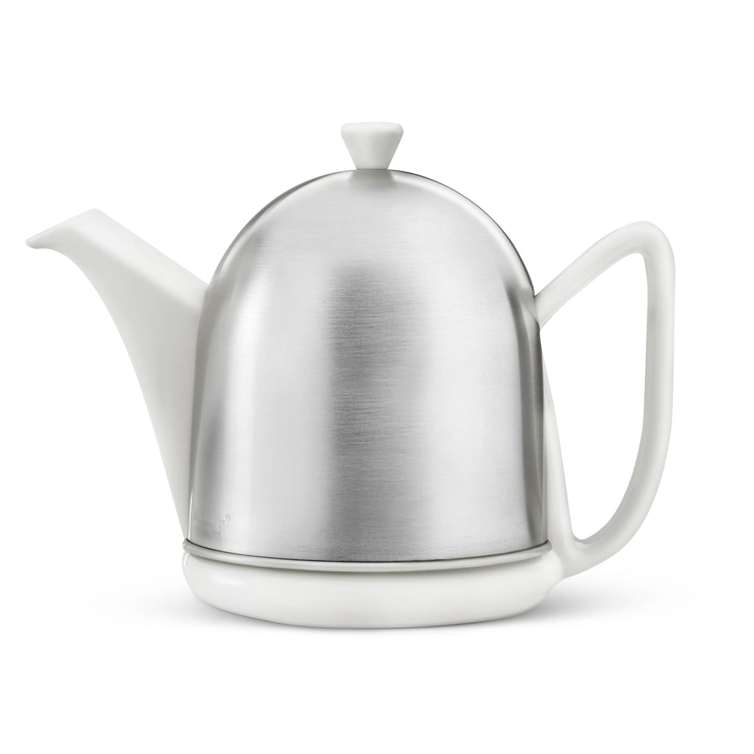 Bredemeijer kleine weisse Matte Keramik Teekanne 1.0 Liter mit Edelstahlhaube Weiss 1 l, Weiss 1 l