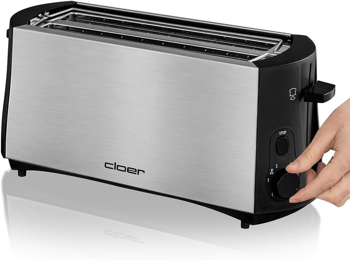Cloer 3719 Langschlitztoaster für 4 Toastscheiben, 1380 W, integrierter Brötchenaufsatz, Nachhebevor
