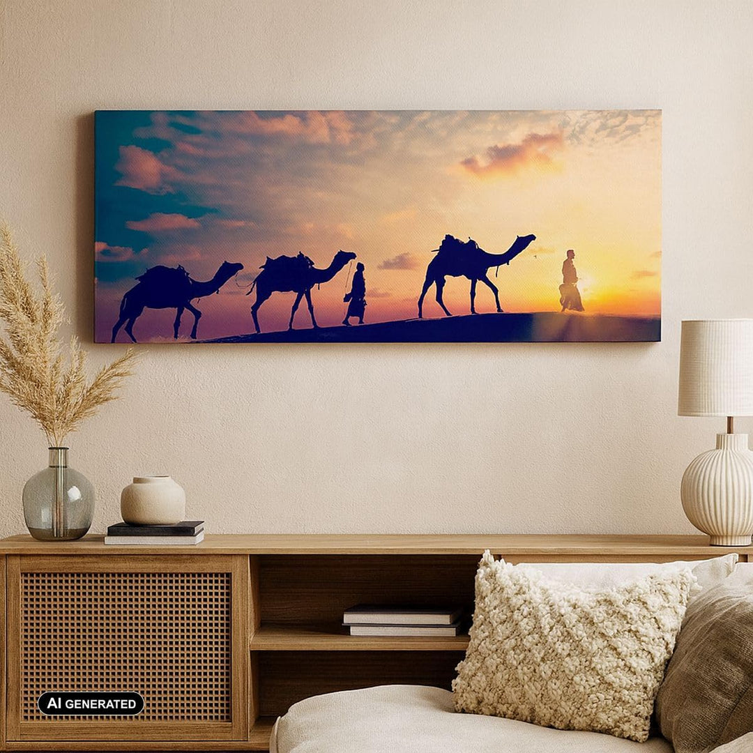 Panorama Bilder auf Leinwand Kamel Wohnwagen Leinwandbild mit Rahmen 90x30cm Wandbilder Dekoration W