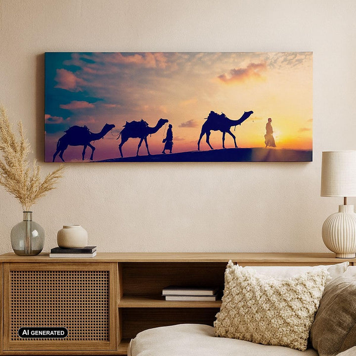 Panorama Bilder auf Leinwand Kamel Wohnwagen Leinwandbild mit Rahmen 90x30cm Wandbilder Dekoration W