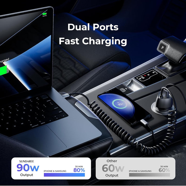SUNDAREE Auto Ladegerät USB C Kabel,90W 12V 24V Kfz Handyladegeräte PD Typ C Schnellladen 1.8M Spira