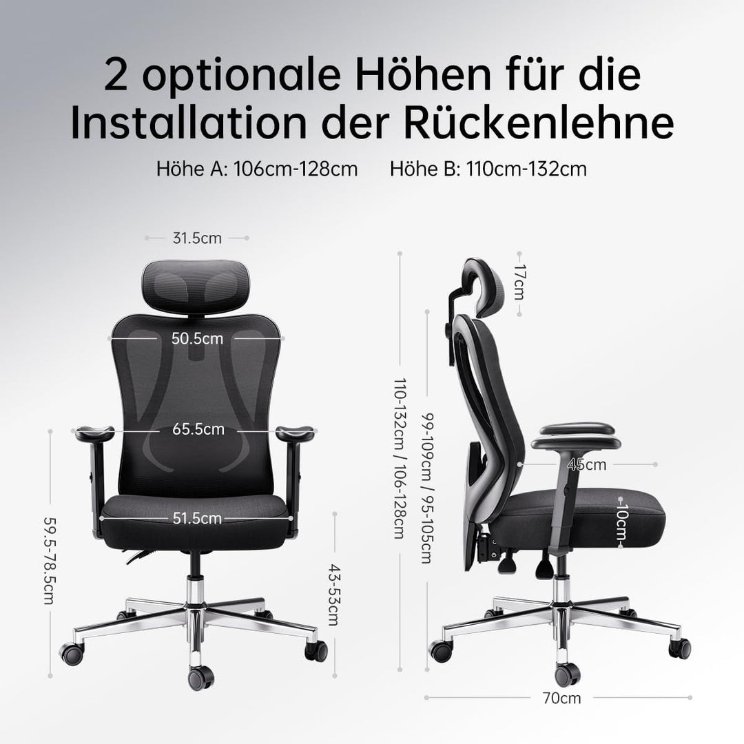 Hbada E1 Bürostuhl Ergonomisch, Schreibtischstuhl mit Verstellbarer Kopfstütze,Lendenwirbelstütze, G