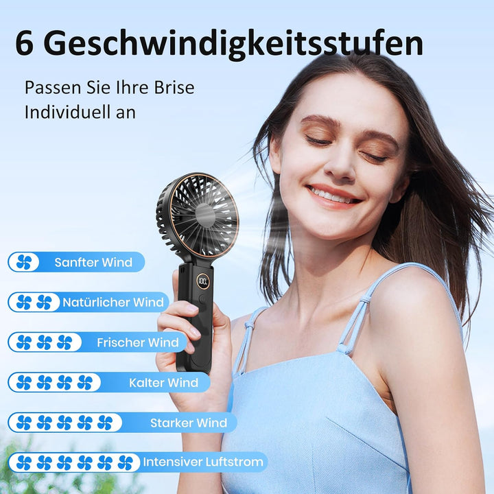 Rintea Handventilator, Tragbarer Mini Ventilator mit 6 Geschwindigkeiten, Faltbarer USB Ventilator,
