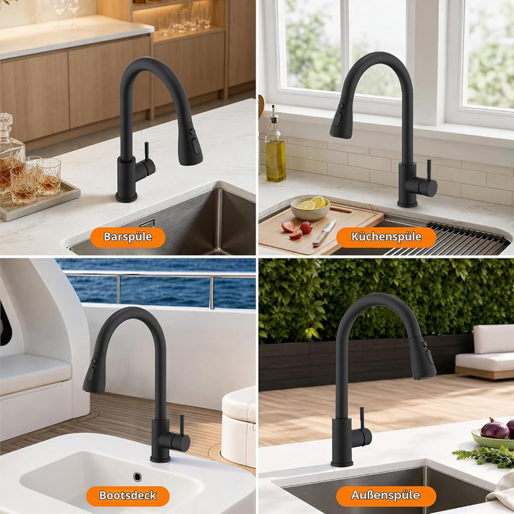 HOMELODY Küchenarmatur Schwarz mit Ausziehbrause, 360° drehbar Wasserhahn Küche Matt Schwarz, Einheb