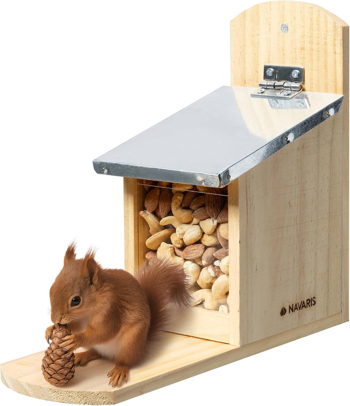 Navaris Eichhörnchen Futterhaus wetterfest aus Holz und Metall - Futterkasten Futterautomat für Gart