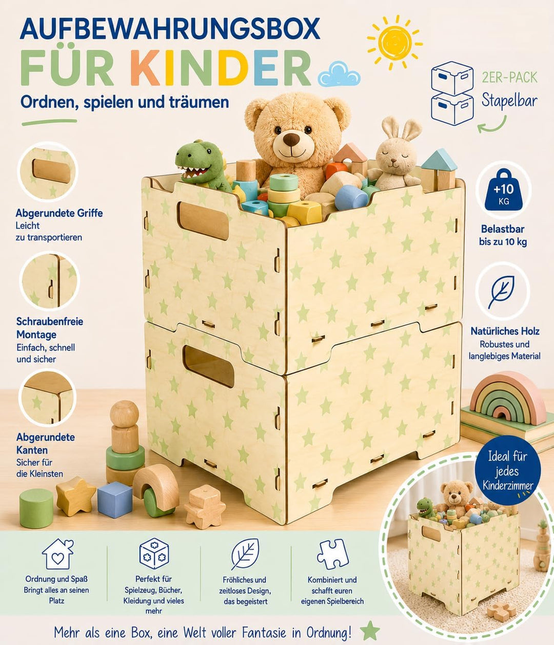 Dalber Spielzeugkiste Kinder Holz 2er-Set Sterne Grün | Aufbewahrungsboxen für Spielzeug; stapelbar;