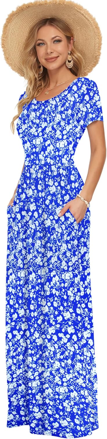 AUSELILY Damen Kurzarm Sommer Casual Long Maxi Kleider mit Taschen Blau-weisses Blümchenmuster XS, B