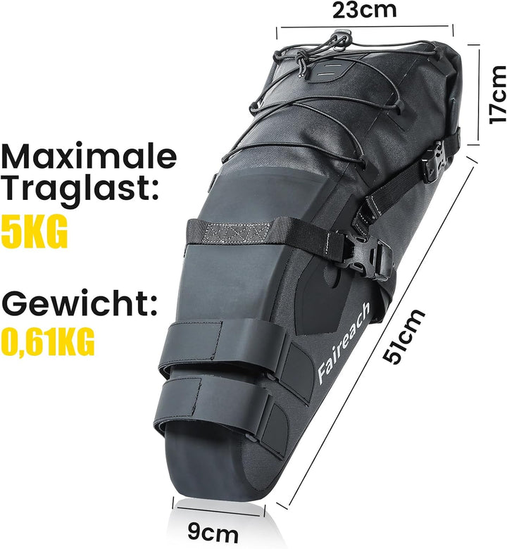 100% Wasserdicht Fahrrad Satteltasche, 10L Rennrad Tasche Sattel | für Bikepacking-Anfänger, Bikepac