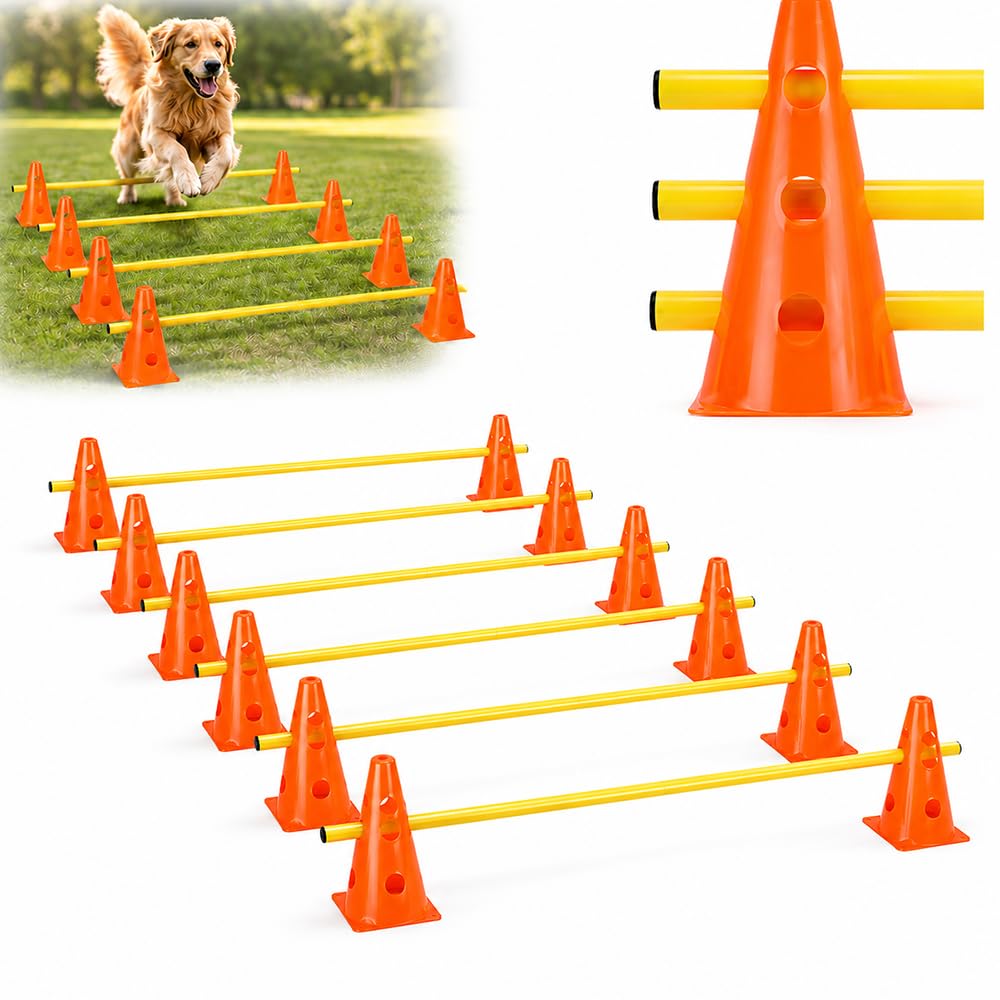 Steckhürdenset, Agility Set Hunde mit 12 Kegel(23cm) + 6 Stangen(1 m), Cavaletti Hund für Koordinati