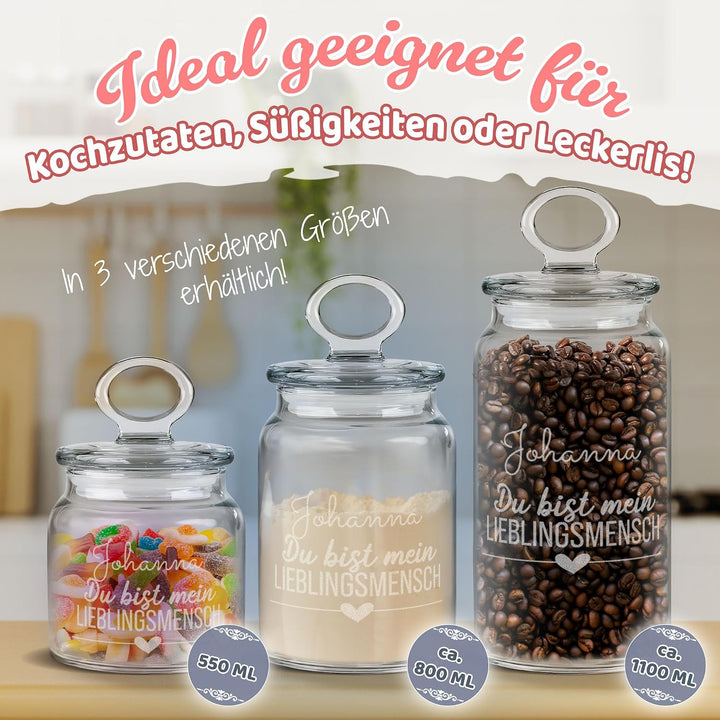 Print Royal PR Personalisierte Keksdose aus Glas mit Gravur - 1100 ml - Lieblingsmensch mit Name als