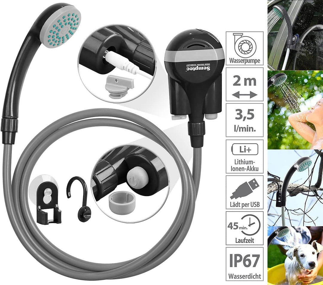 Semptec Urban Survival Technology Campingdusche: Akku-Camping-Dusche mit Tauchpumpe, Saugnapf, Haken