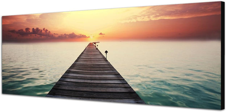 Paul Sinus Art Panoramabild auf Leinwand und Keilrahmen 120x40cm Meer Strand Steg Wolkenhimmel Abend